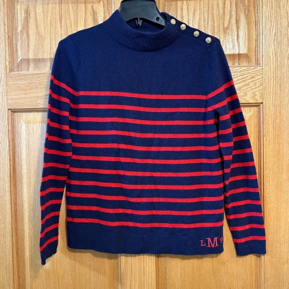 Lands End Cashmere Sweater Red Navy Stripes Golden Buttons Women’s Petite Med MP